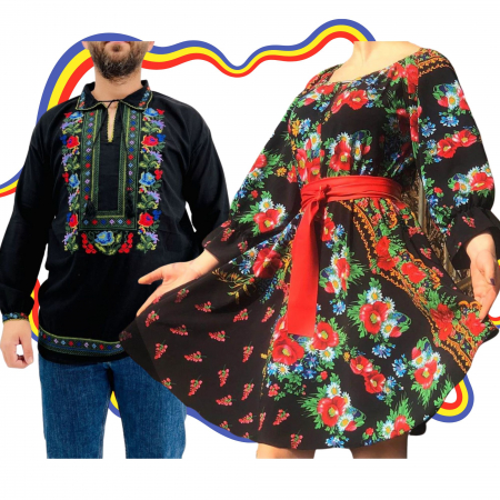 Set cuplu - Set Cuplu Traditional 303 / Camasa Traditionala si Rochie cu motive traditionale