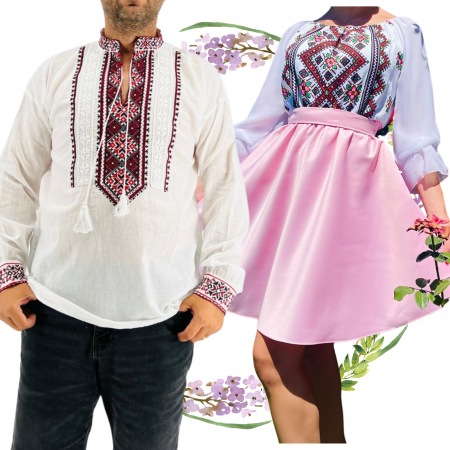 Set cuplu - Set Cuplu Traditional 305 / Camasa Traditionala si Rochie cu motive traditionale