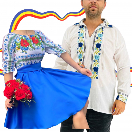 Set cuplu - Set Cuplu Traditional 306 / Camasa Traditionala si Rochie cu motive traditionale