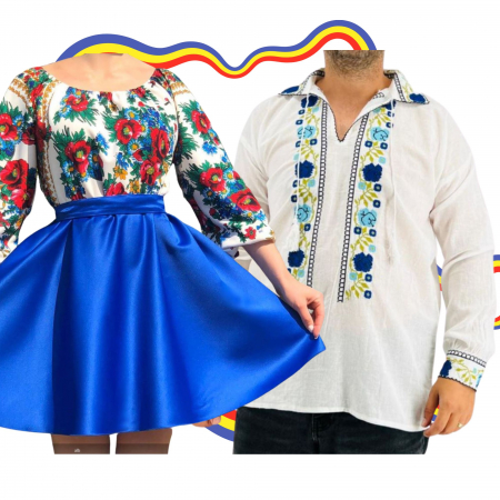 Set cuplu - Set Cuplu Traditional 307 / Camasa Traditionala si Rochie cu motive traditionale