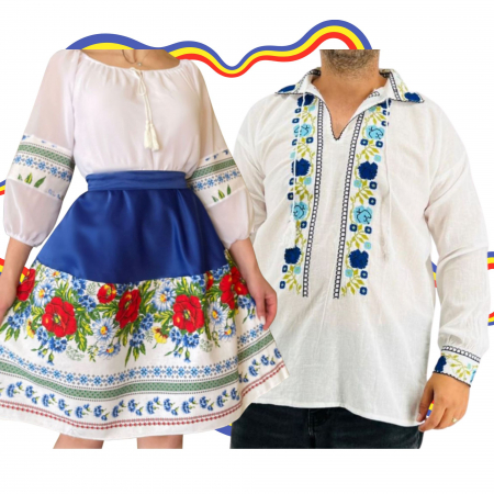 Set cuplu - Set Cuplu Traditional 308 / Camasa Traditionala si Rochie cu motive traditionale