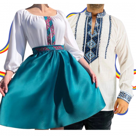 Set cuplu - Set Cuplu Traditional 309 / Camasa Traditionala si Rochie cu motive traditionale