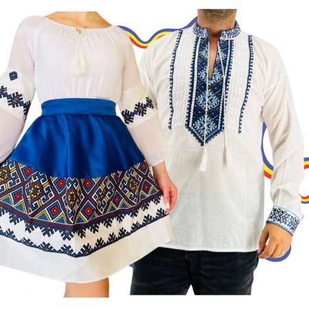 Set cuplu - Set Cuplu Traditional 310 / Camasa Traditionala si Rochie cu motive traditionale