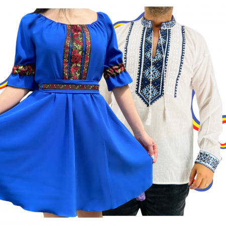 Set cuplu - Set Cuplu Traditional 311 / Camasa Traditionala si Rochie cu motive traditionale
