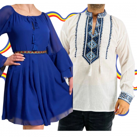Set cuplu - Set Cuplu Traditional 313 / Camasa Traditionala si Rochie cu motive traditionale