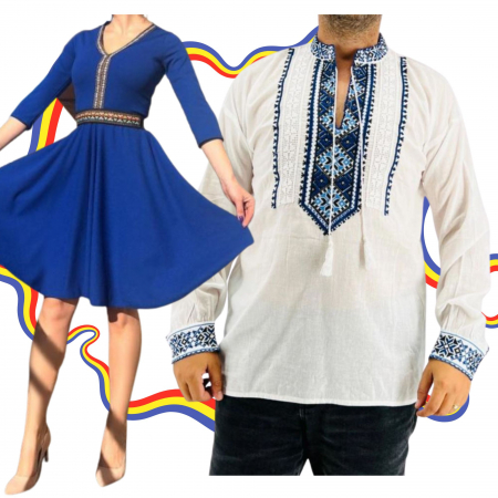 Set cuplu - Set Cuplu Traditional 314 / Camasa Traditionala si Rochie cu motive traditionale