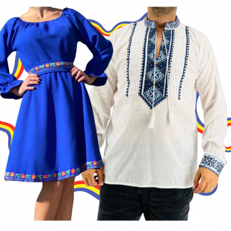 Set cuplu - Set Cuplu Traditional 315 / Camasa Traditionala si Rochie cu motive traditionale