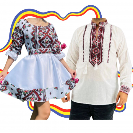 Set cuplu - Set Cuplu Traditional 317 / Camasa Traditionala si Rochie cu motive traditionale