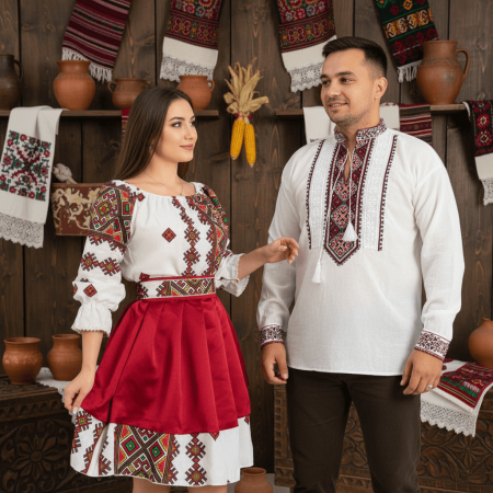 Set cuplu - Set Cuplu Traditional 318 / Camasa Traditionala si Rochie cu motive traditionale