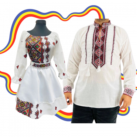 Set cuplu - Set Cuplu Traditional 319 / Camasa Traditionala si Rochie cu motive traditionale