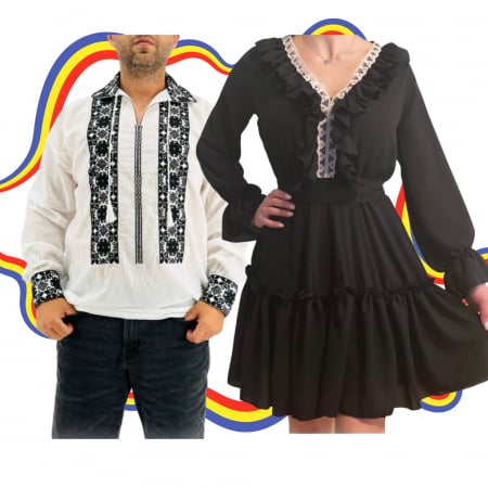 Set cuplu - Set Cuplu Traditional 321 / Camasa Traditionala si Rochie cu motive traditionale