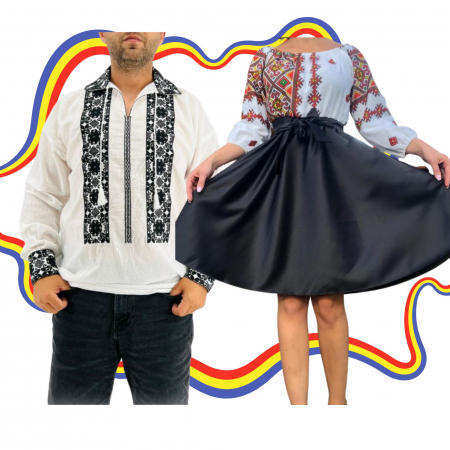 Set cuplu - Set Cuplu Traditional 324 / Camasa Traditionala si Rochie cu motive traditionale