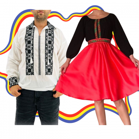 Set cuplu - Set Cuplu Traditional 325 / Camasa Traditionala si Rochie cu motive traditionale