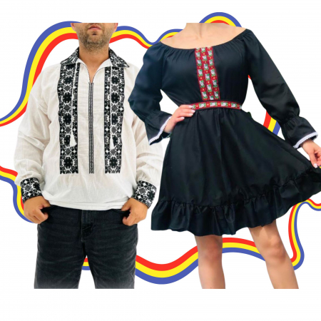 Set cuplu - Set Cuplu Traditional 327 / Camasa Traditionala si Rochie cu motive traditionale