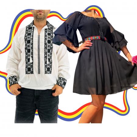 Set cuplu - Set Cuplu Traditional 328 / Camasa Traditionala si Rochie cu motive traditionale