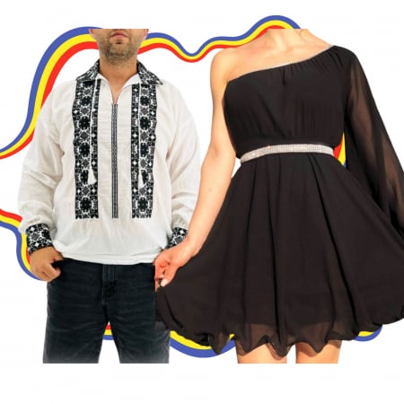 Set cuplu - Set Cuplu Traditional 329 / Camasa Traditionala si Rochie cu motive traditionale