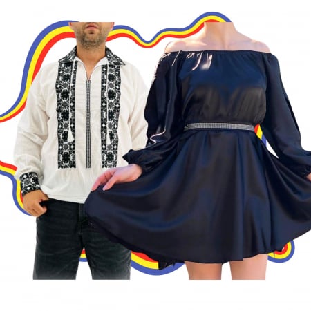 Set cuplu - Set Cuplu Traditional 330 / Camasa Traditionala si Rochie cu motive traditionale