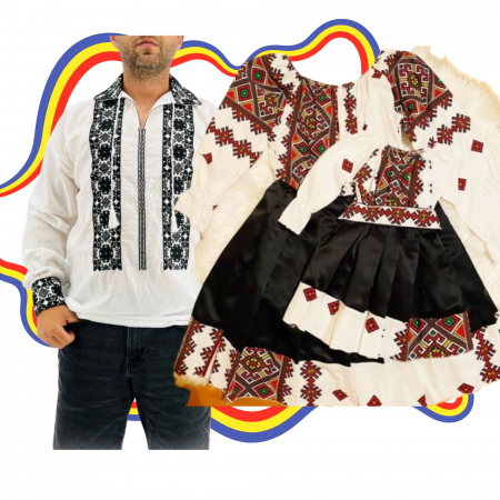 Set cuplu - Set Cuplu Traditional 331 / Camasa Traditionala si Rochie cu motive traditionale