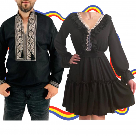 Set cuplu - Set Cuplu Traditional 332 / Camasa Traditionala si Rochie cu motive traditionale