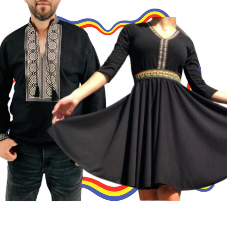 Set cuplu - Set Cuplu Traditional 333 / Camasa Traditionala si Rochie cu motive traditionale