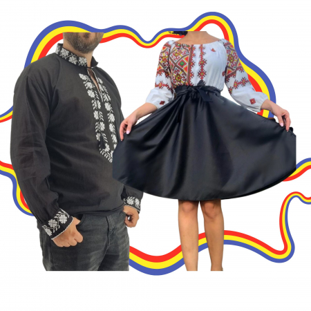 Set cuplu - Set Cuplu Traditional 337 / Camasa Traditionala si Rochie cu motive traditionale