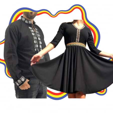 Set cuplu - Set Cuplu Traditional 338 / Camasa Traditionala si Rochie cu motive traditionale