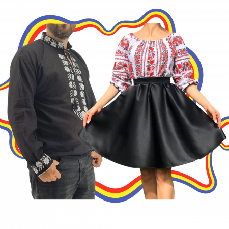 Set cuplu - Set Cuplu Traditional 340 / Camasa Traditionala si Rochie cu motive traditionale