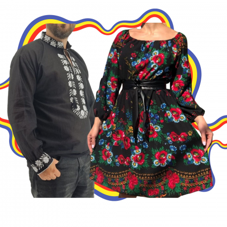 Set cuplu - Set Cuplu Traditional 341 / Camasa Traditionala si Rochie cu motive traditionale