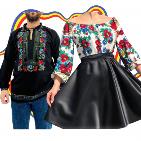 Set cuplu - Set Cuplu Traditional 342 / Camasa Traditionala si Rochie cu motive traditionale