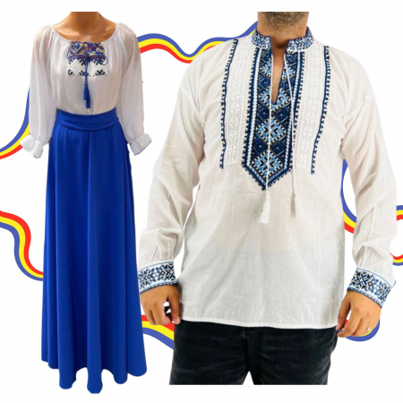 Set cuplu - Set Cuplu Traditional 343 / Camasa Traditionala si Rochie cu motive traditionale