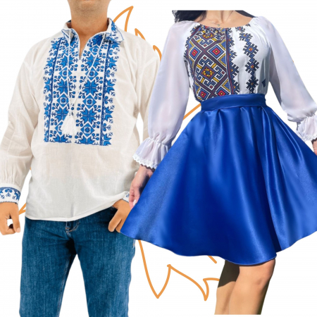 Set cuplu - Set Cuplu Traditional 401 / Camasa Traditionala si Rochie cu motive traditionale