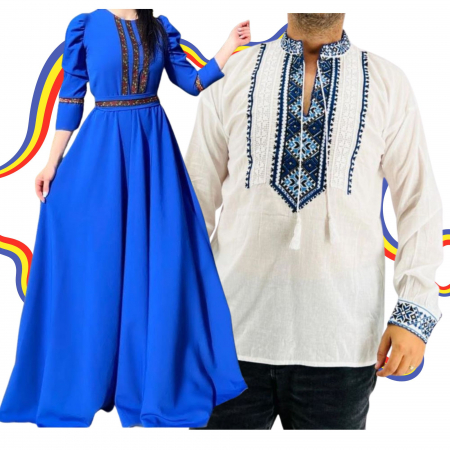 Set cuplu - Set Cuplu Traditional 344 / Camasa Traditionala si Rochie cu motive traditionale