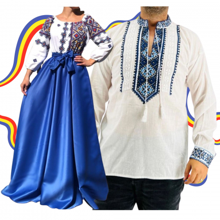 Set cuplu - Set Cuplu Traditional 345 / Camasa Traditionala si Rochie cu motive traditionale