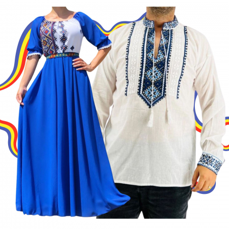 Set cuplu - Set Cuplu Traditional 346 / Camasa Traditionala si Rochie cu motive traditionale