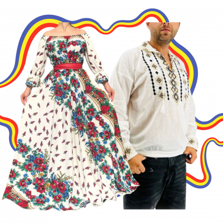 Set cuplu - Set Cuplu Traditional 348 / Camasa Traditionala si Rochie cu motive traditionale