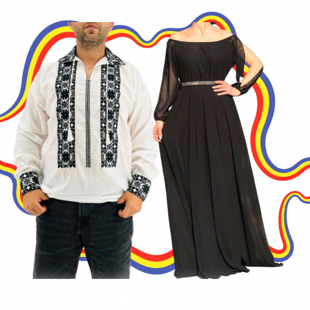 Set cuplu - Set Cuplu Traditional 350  Camasa Traditionala si Rochie cu motive traditionale