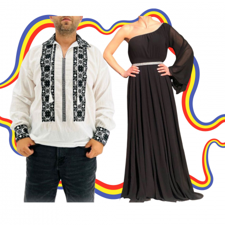 Set cuplu - Set Cuplu Traditional 352 / Camasa Traditionala si Rochie cu motive traditionale