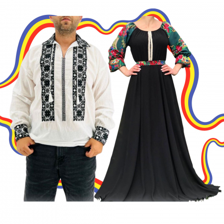 Set cuplu - Set Cuplu Traditional 353 / Camasa Traditionala si Rochie cu motive traditionale