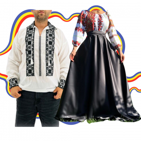 Set cuplu - Set Cuplu Traditional 354 / Camasa Traditionala si Rochie cu motive traditionale