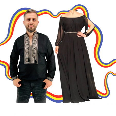 Set cuplu - Set Cuplu Traditional 355 / Camasa Traditionala si Rochie cu motive traditionale