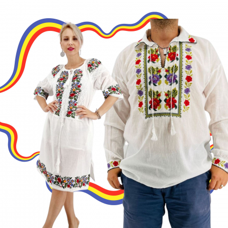 Комплект за двойка - Set Cuplu Traditional 383 / Camasa Traditionala si Rochie Traditionala