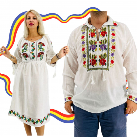 Set cuplu - Set Cuplu Traditional 384 / Camasa Traditionala si Rochie Traditionala