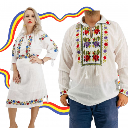 Set cuplu - Set Cuplu Traditional 385 / Camasa Traditionala si Rochie Traditionala