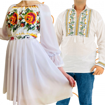 Set cuplu - Set Cuplu Traditional 403 / Camasa Traditionala si Rochie cu motive traditionale