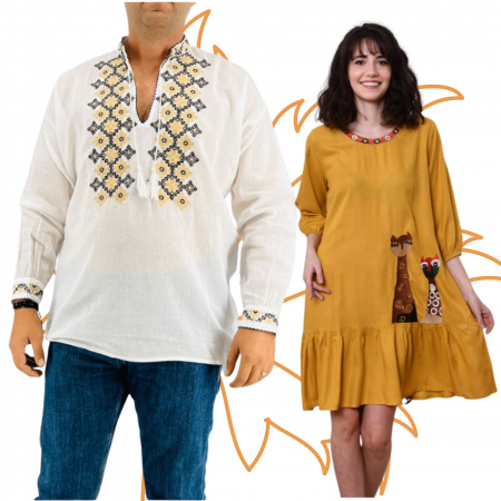 Set cuplu - Set Cuplu Traditional 405 / Camasa Traditionala si Rochie Galbena