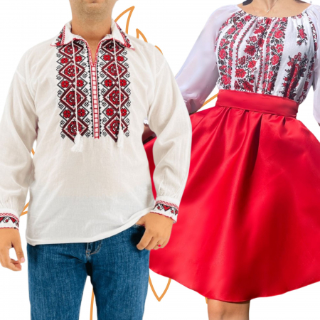 Set cuplu - Set Cuplu Traditional 414 / Camasa Traditionala si Rochie cu motive traditionale