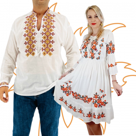 Set cuplu - Set Cuplu Traditional 410 / Camasa Traditionala si Rochie Traditionala
