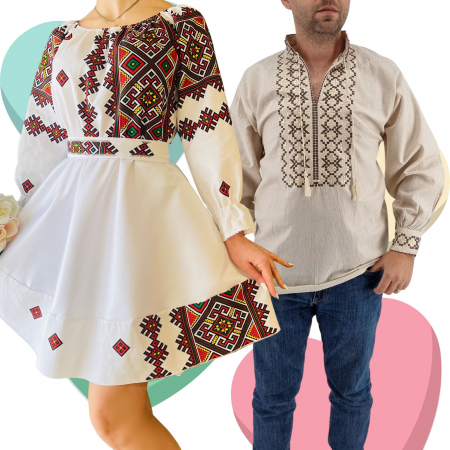 Set cuplu - Set Cuplu Traditional 423 / Camasa Traditionala si Rochie cu motive traditionale