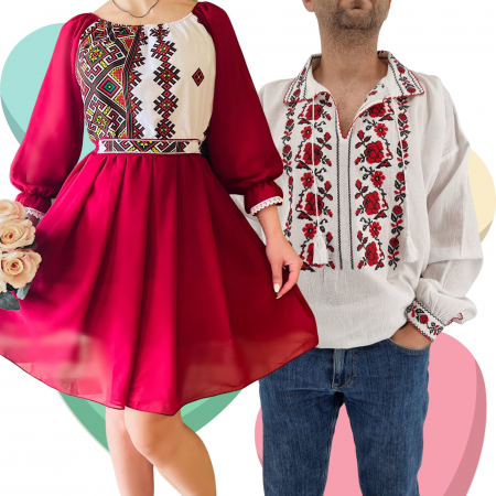 Set cuplu - Set Cuplu Traditional 424 / Camasa Traditionala si Rochie cu motive traditionale