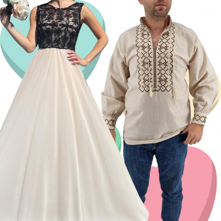 Set cuplu - Set Cuplu Traditional 427 / Camasa Traditionala si Rochie cu motive traditionale